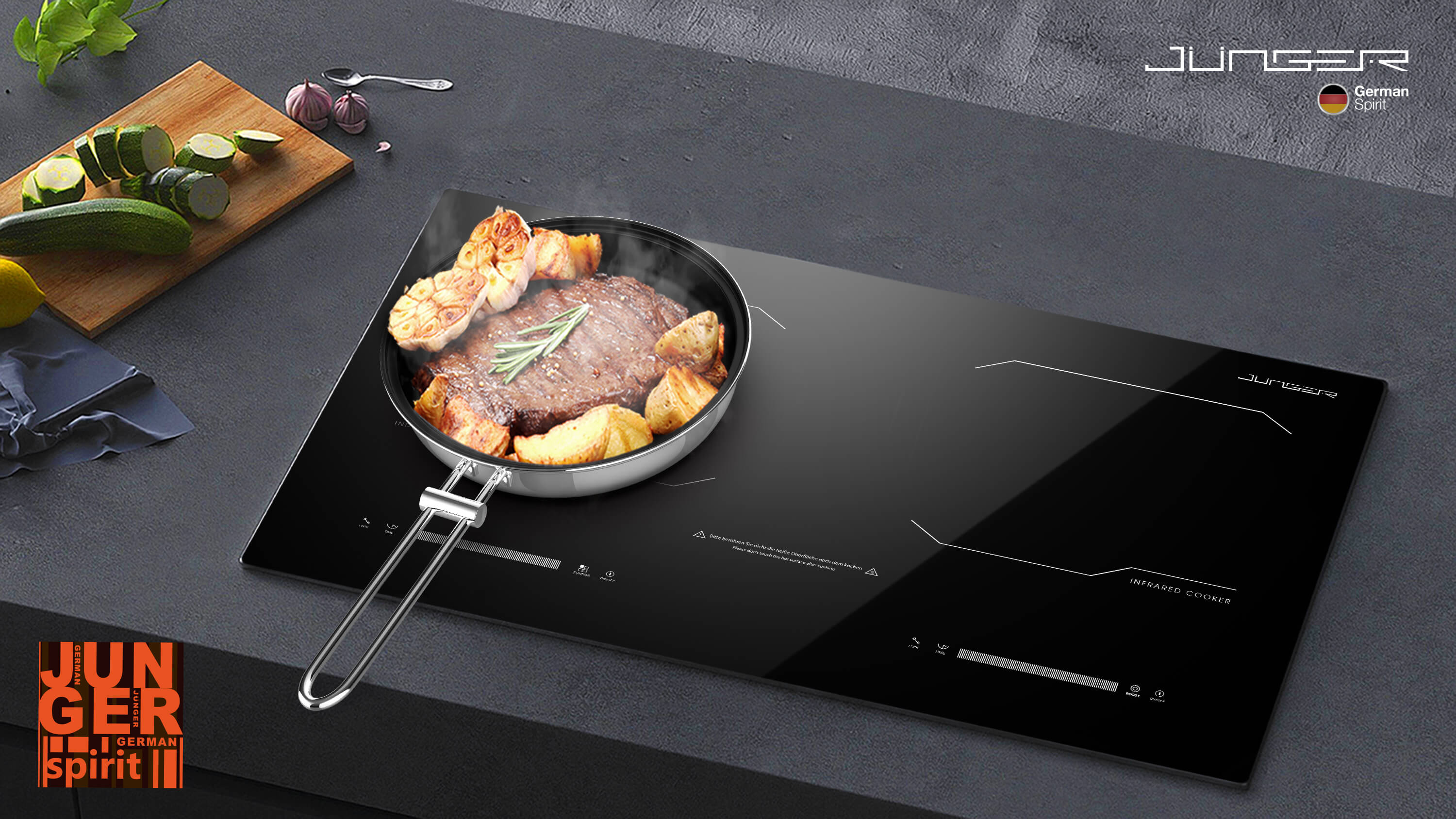 Bếp điện từ Junger MK-24 được thiết kế 2 vùng nấu riêng biệt với kiểu dáng hiện đại chuẩn Đức nâng tầm không gian sống.