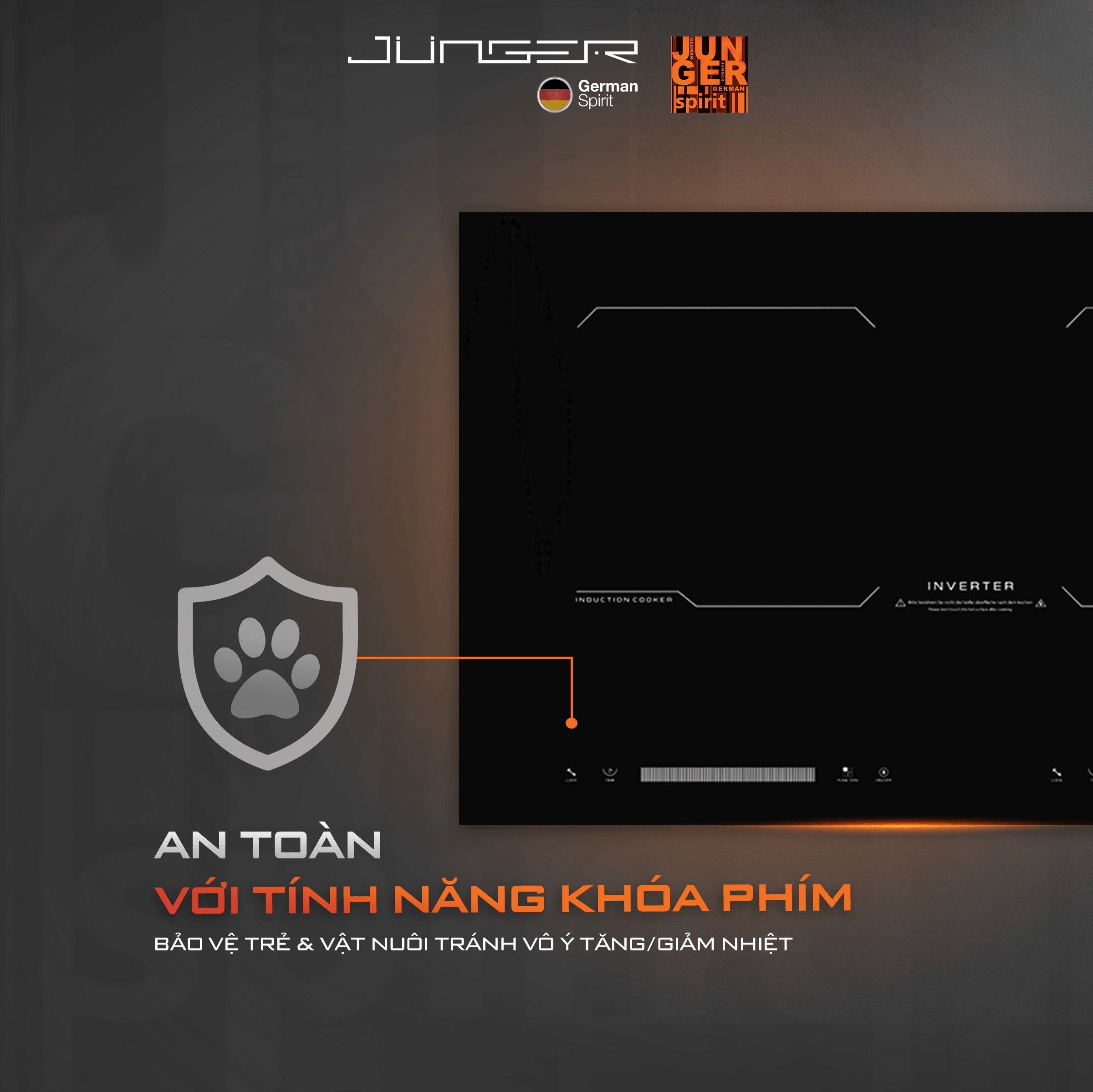 Junger MK-24 được trang bị rất nhiều tính năng thông minh, đảm bảo an toàn tuyệt đối cho bếp và người sử dụng.