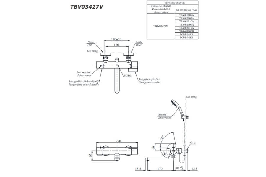 Bộ sen tắm nhiệt độ Toto TBV03427V/TBW02006A