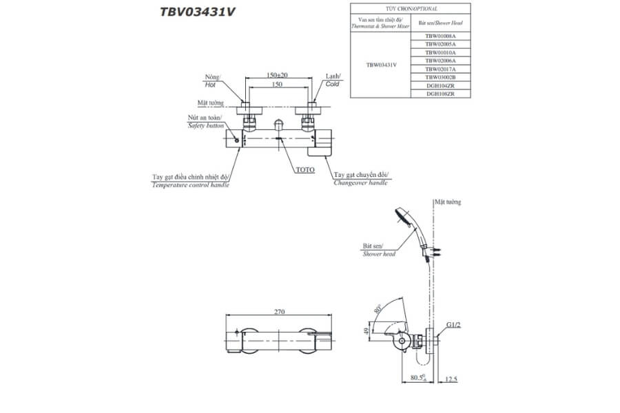 Bộ sen tắm nhiệt độ Toto TBV03431V/TBW03002B