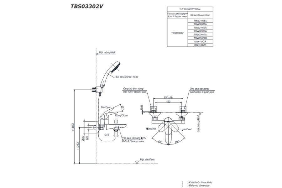 Bộ sen tắm nóng lạnh LC Toto TBS03302V/TBW01010A