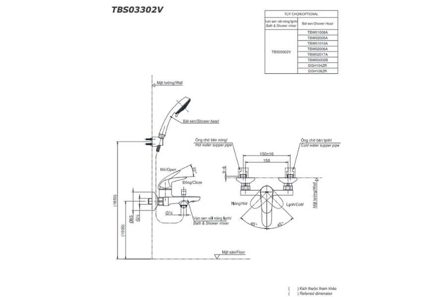 Bộ sen tắm nóng lạnh LC Toto TBS03302V/TBW02005A