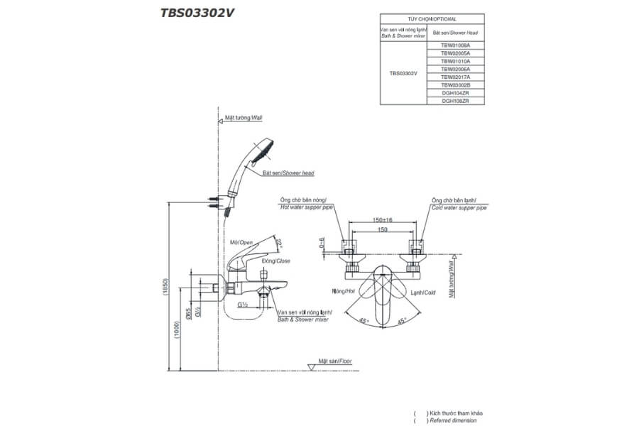 Bộ sen tắm nóng lạnh LC Toto TBS03302V/TBW02006A