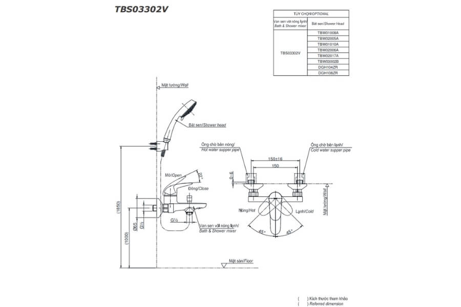 Bộ sen tắm nóng lạnh LC Toto TBS03302V/TBW03002B