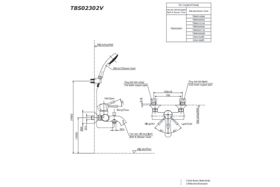 Bộ sen tắm nóng lạnh LN Toto TBS02302V/TBW02006A