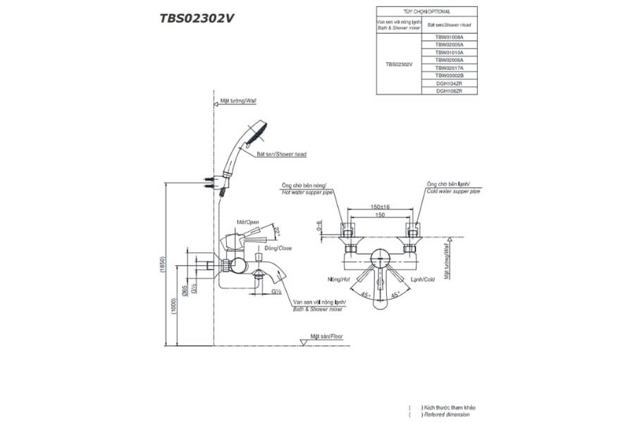 Bộ sen tắm nóng lạnh LN Toto TBS02302V/TBW03002B