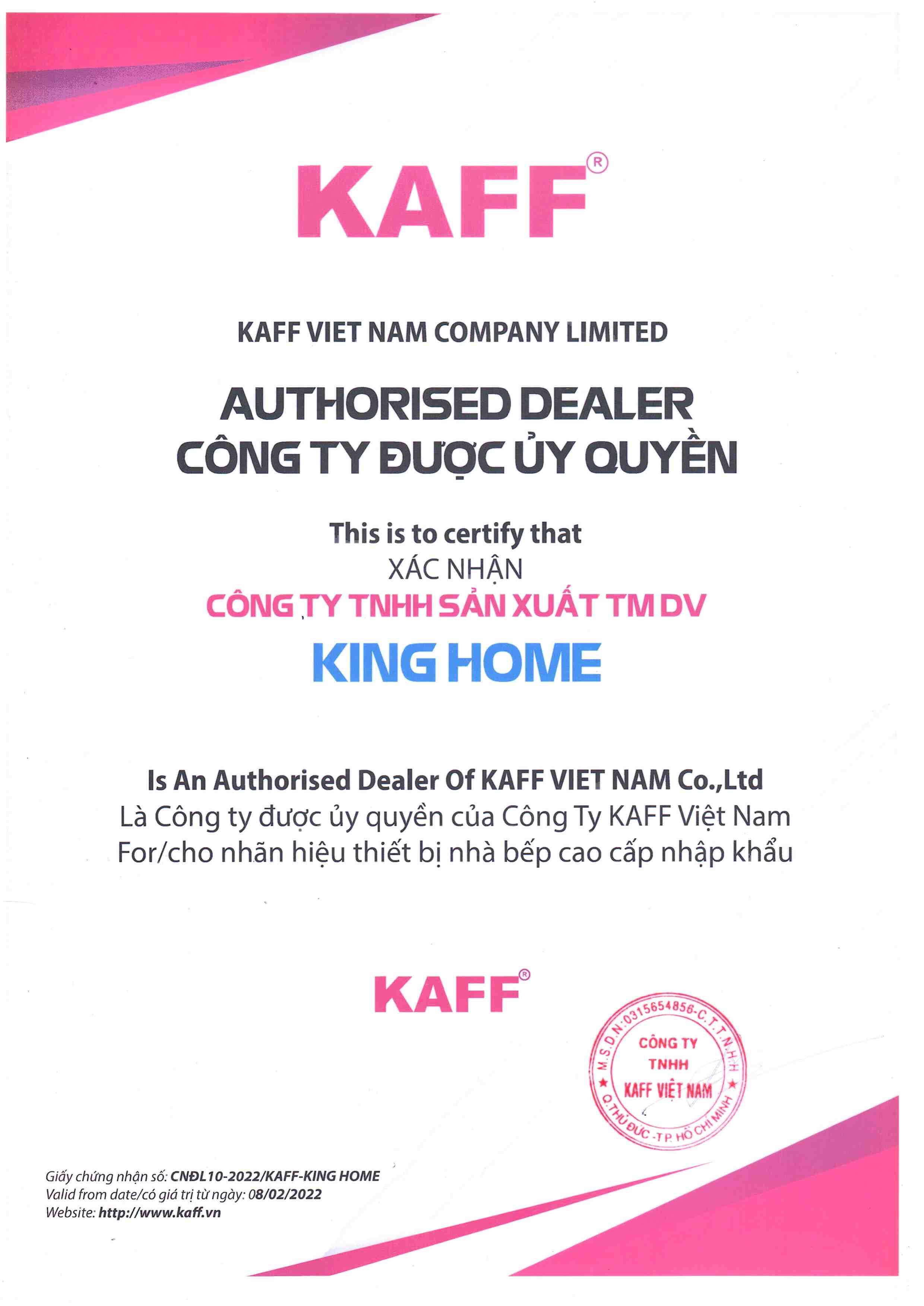 Chứng nhận đại lý King Home phân phối chính hãng Máy sấy bát Kaff KF-DRD800KR New 2025