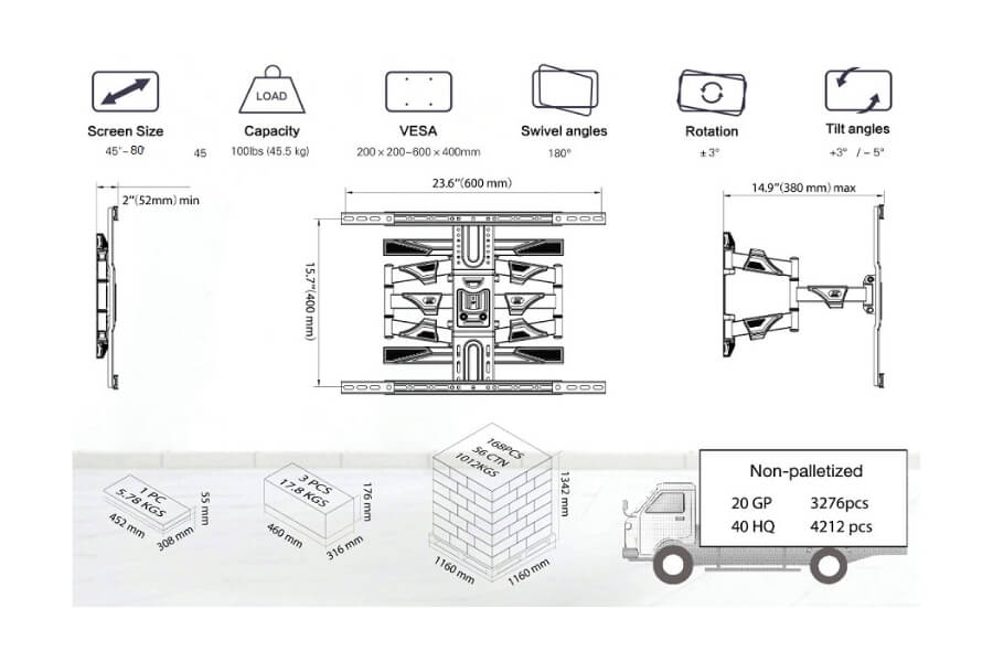 Thông số Giá treo tivi xoay góc đa năng North Bayou NB P6 45-80 inch