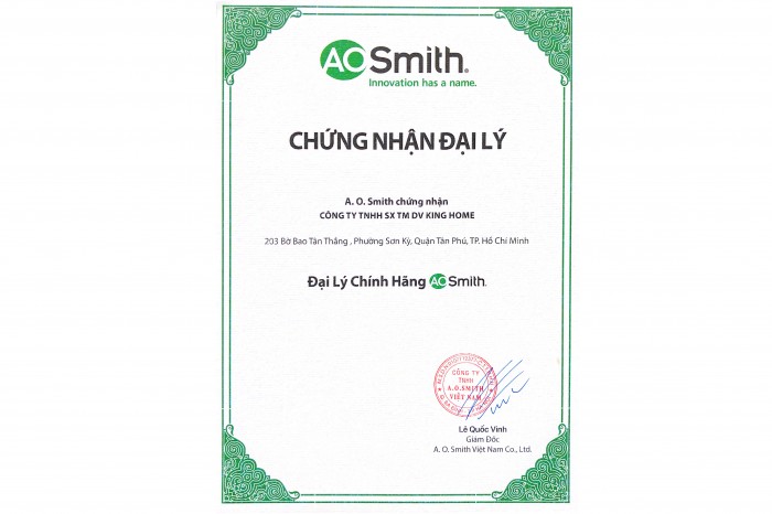 Chứng nhận đại lý A. O. Smith tại KingHome Việt Nam