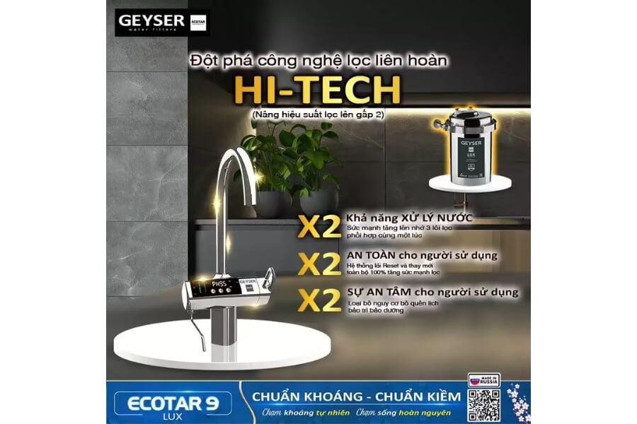 Máy lọc nước ion kiềm giàu hydro Geyser Ecotar 9 Lux