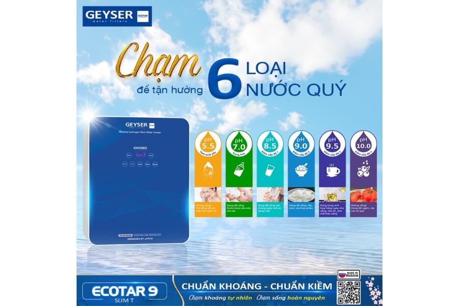 Máy lọc nước ion kiềm giàu hydro Geyser Ecotar 9 Slim T