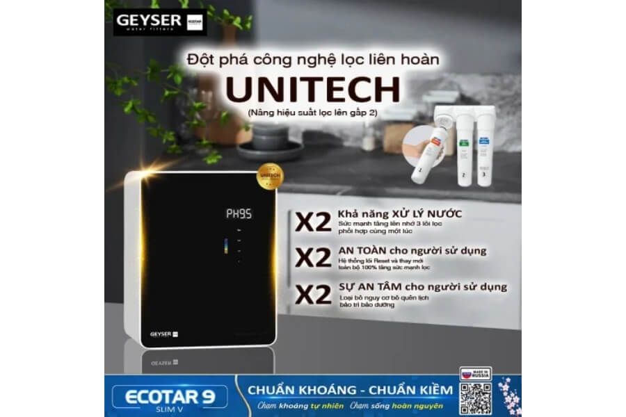 Máy lọc nước ion kiềm giàu hydro Geyser Ecotar 9 Slim V