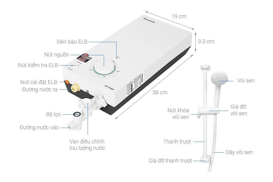 Máy nước nóng trực tiếp Panasonic 4500W DH-4VP1VW (Có bơm trợ lực)