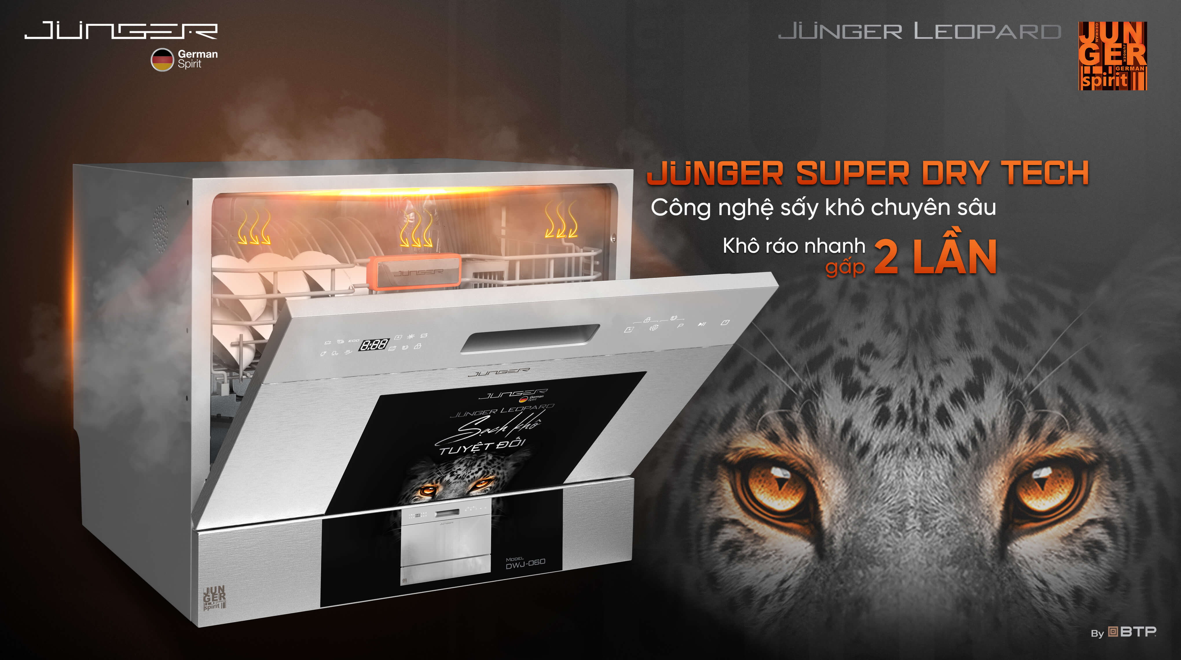 Công nghệ sấy nóng Junger Super Dry Tech hỗ trợ làm khô tăng cường cho toàn bộ chén bát tốt hơn