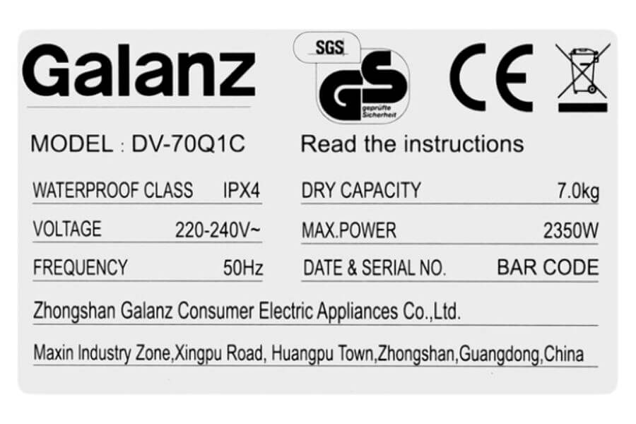 Máy sấy Galanz DV-70Q1C thông hơi 7kg màu trắng