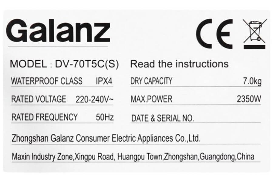 Máy sấy Galanz DV-70T5C(S) thông hơi 7kg màu xám