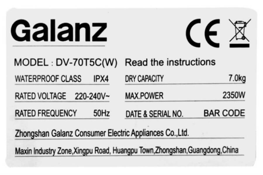 Máy sấy Galanz DV-70T5C(W) thông hơi 7kg màu trắng