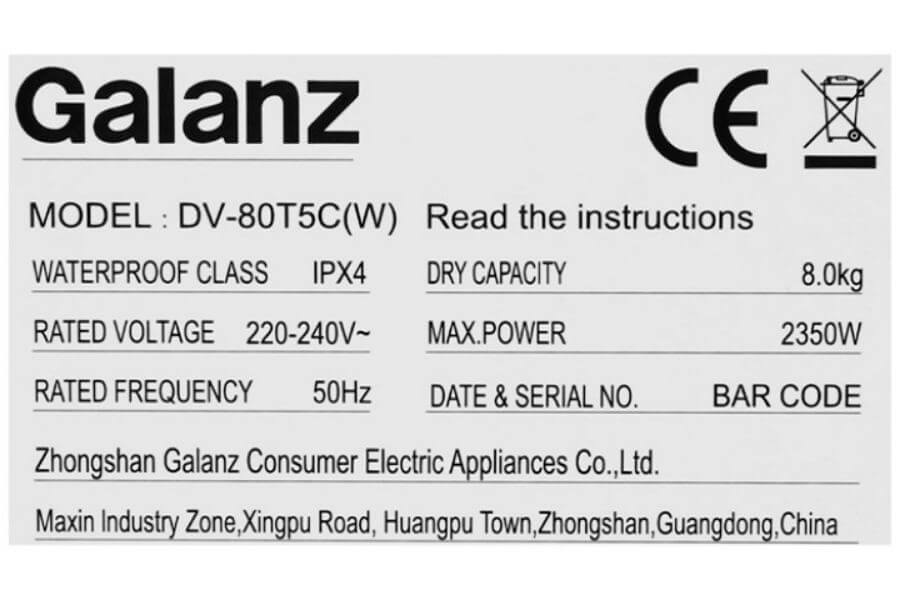 Máy sấy Galanz DV-80T5C(W) thông hơi 8kg màu trắng