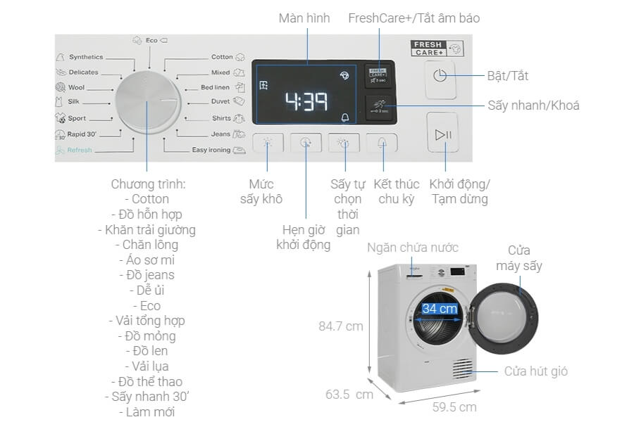 Máy sấy ngưng tụ Whirlpool FreshCare+ 8 Kg FFTCM118XB EE