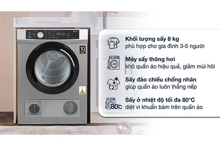 Máy sấy thông hơi Aqua 8 kg AQH-V800H SS