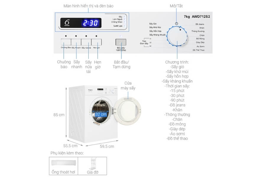 Máy sấy thông hơi Whirlpool 7 Kg AWD712S2