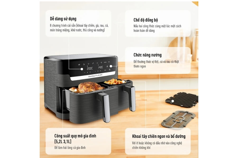 Nồi chiên không dầu điện tử Tefal Dual Easy Fry & Grill EY905D10.