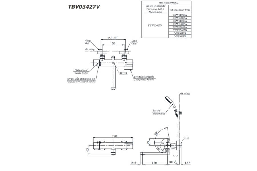 Bộ sen tắm nhiệt độ Toto TBV03427V/TBW01008A