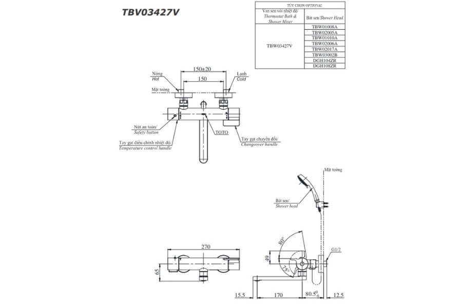 Bộ sen tắm nhiệt độ Toto TBV03427V/TBW01010A