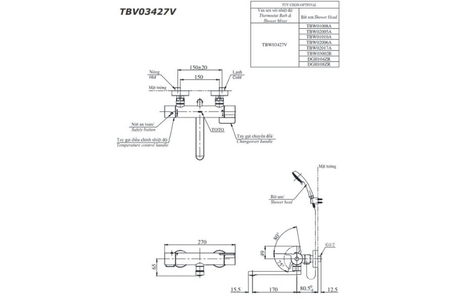 Bộ sen tắm nhiệt độ Toto TBV03427V/TBW02017A