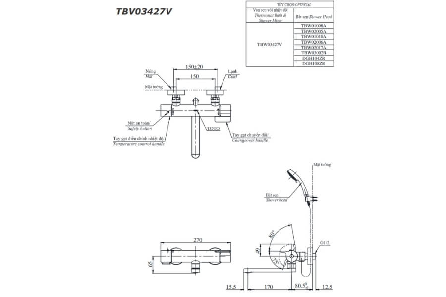 Bộ sen tắm nhiệt độ Toto TBV03427V/TBW03002B