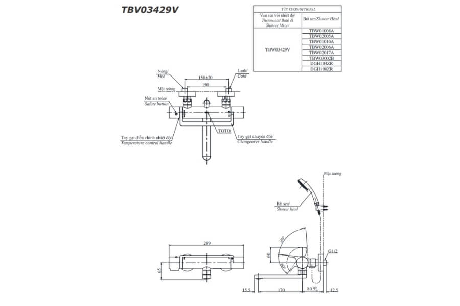 Bộ sen tắm nhiệt độ Toto TBV03429V/TBW01008A