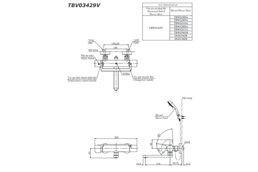 Bộ sen tắm nhiệt độ Toto TBV03429V/TBW01010A