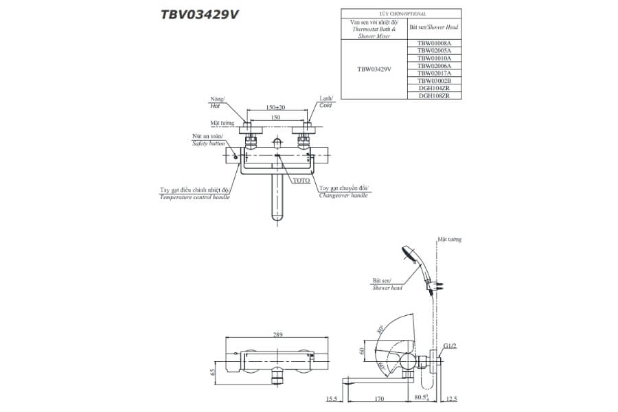 Bộ sen tắm nhiệt độ Toto TBV03429V/TBW02006A