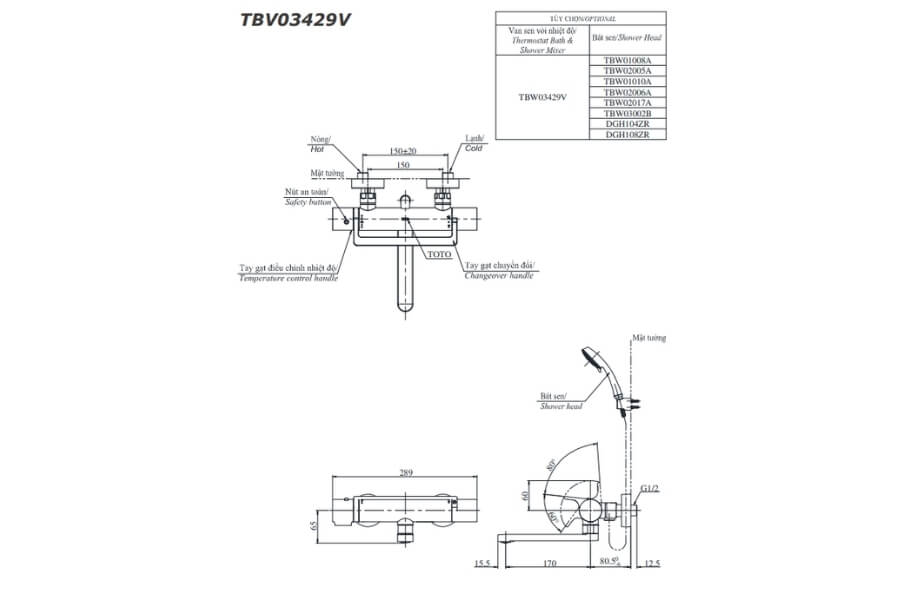 Bộ sen tắm nhiệt độ Toto TBV03429V/TBW02017A