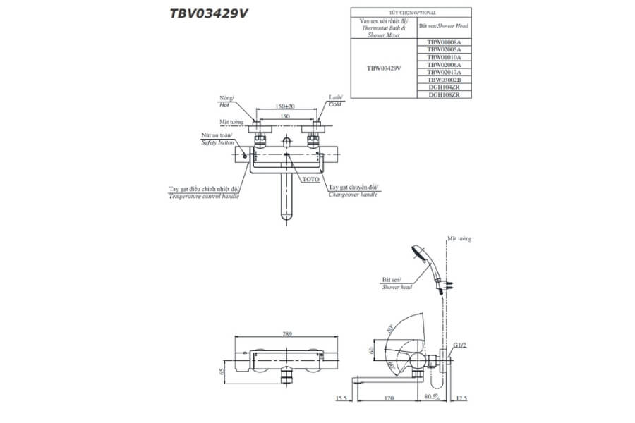 Bộ sen tắm nhiệt độ Toto TBV03429V/TBW03002B