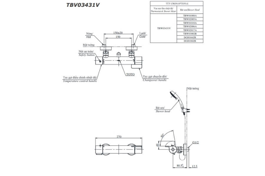 Bộ sen tắm nhiệt độ Toto TBV03431V/TBW01008A