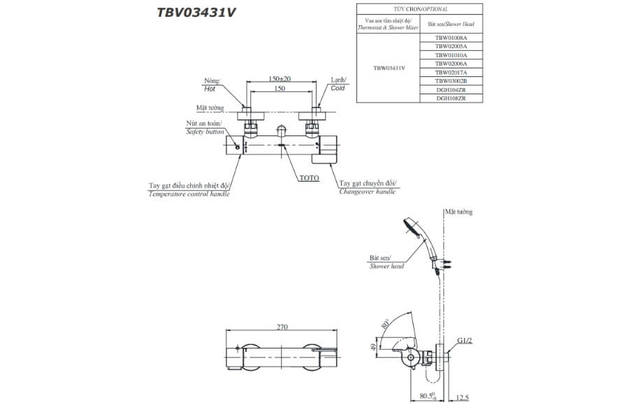 Bộ sen tắm nhiệt độ Toto TBV03431V/TBW01010A