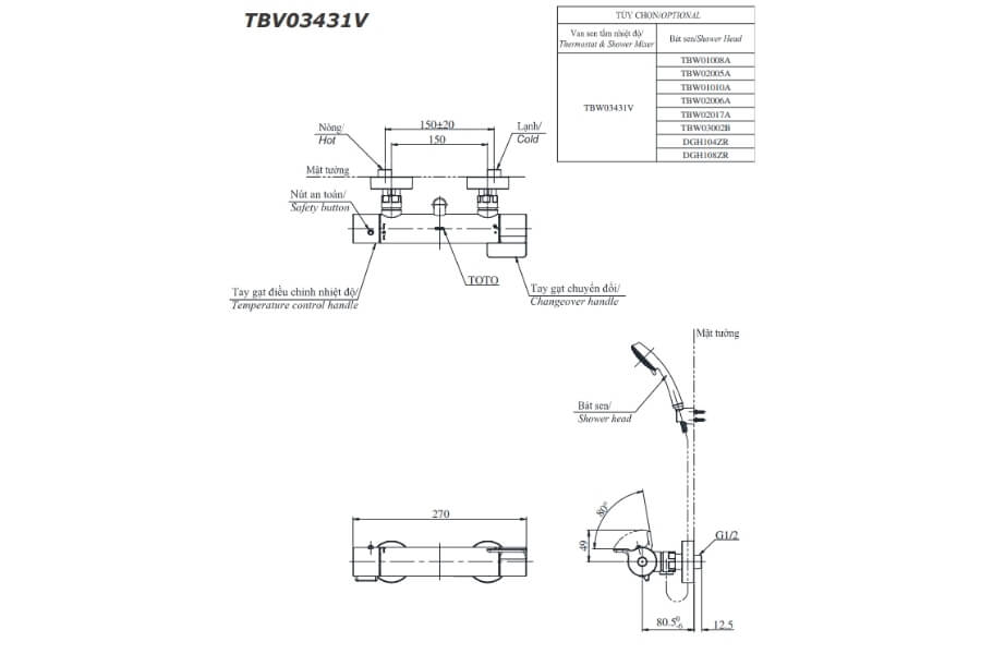 Bộ sen tắm nhiệt độ Toto TBV03431V/TBW02005A