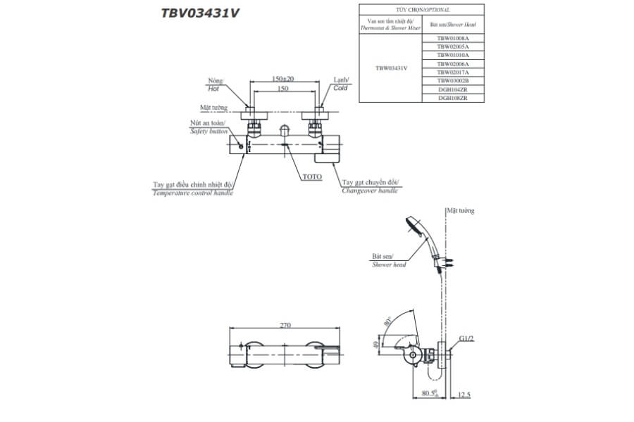 Bộ sen tắm nhiệt độ Toto TBV03431V/TBW02006A