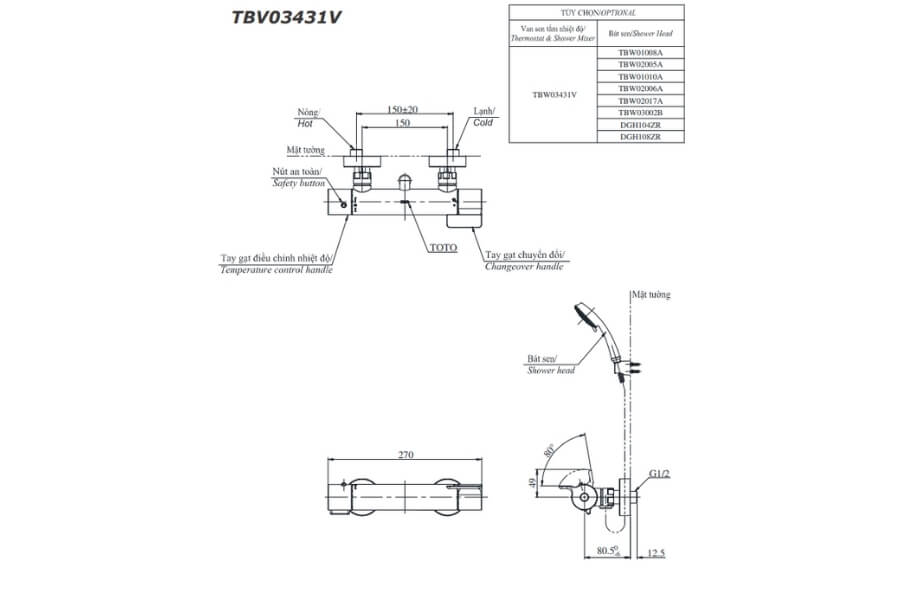 Bộ sen tắm nhiệt độ Toto TBV03431V/TBW02017A