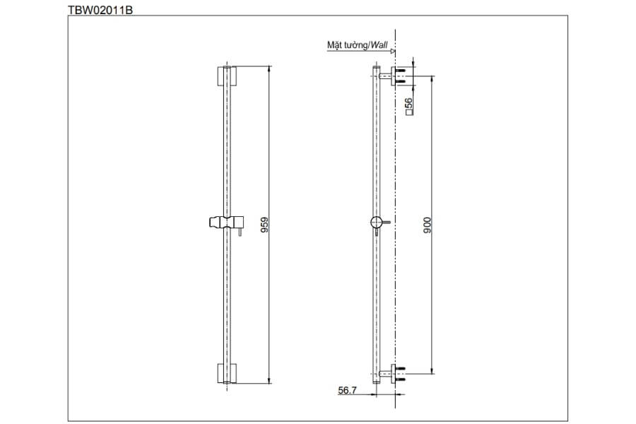 Thanh trượt sen tắm (loại vuông) Toto TBW02011B