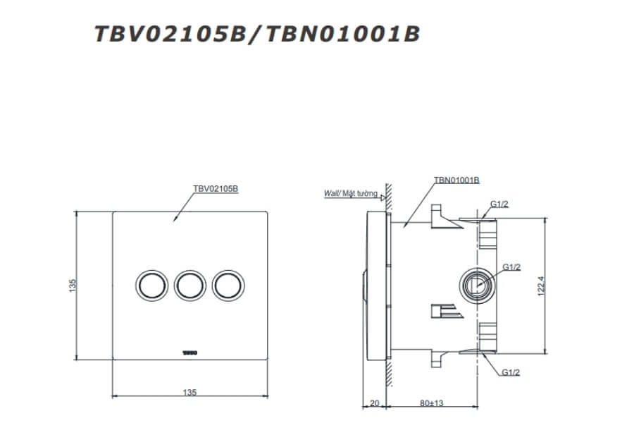 Van chuyển hướng kèm phụ kiện âm tường Toto TBV02105B/TBN01001B