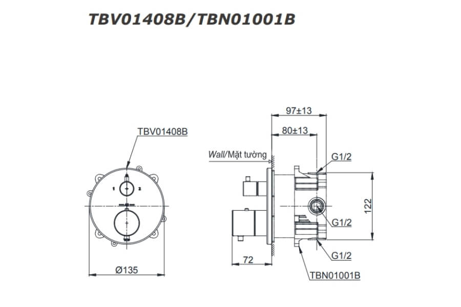 Van điều chỉnh nhiệt độ Toto TBV01408B/TBN01001B