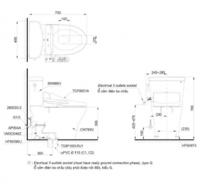 Bàn cầu hai khối TOTO CS986GW7 nắp rửa điện tử WASHLET