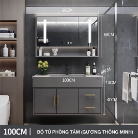 Bộ tủ gương lavabo phòng tắm thông minh Enic T03 - 100cm - Gương thông minh màu xám